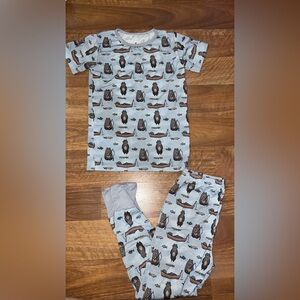 Kids Bamboo pajama short sleeved set, light blue, bear fishing, size 7/8